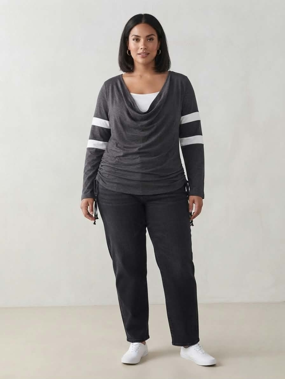 Charcoal Grey White Stripe Cowl Neck Long Sleeve Top Layered Look XL
